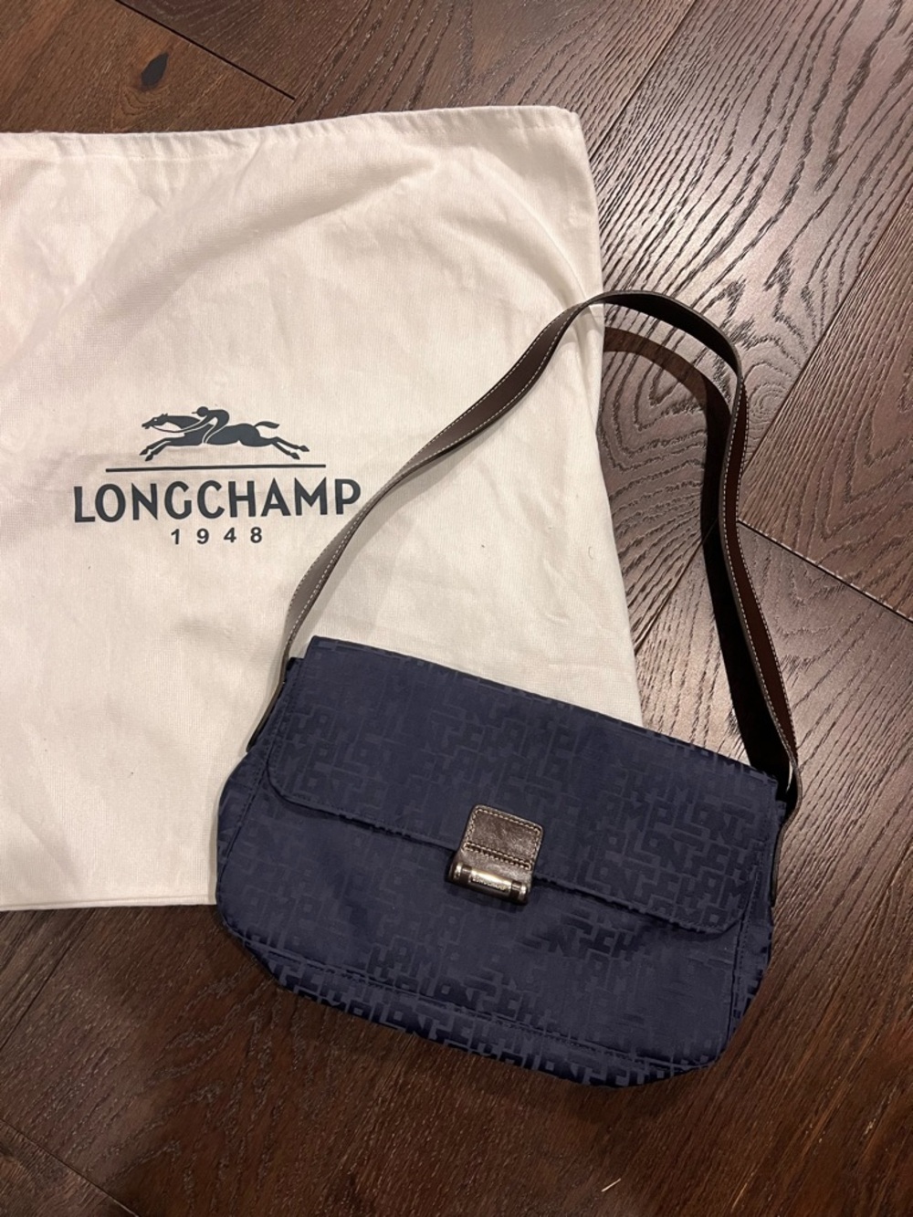 Longchamp Navy shoulder Bag with Brown leather Strap